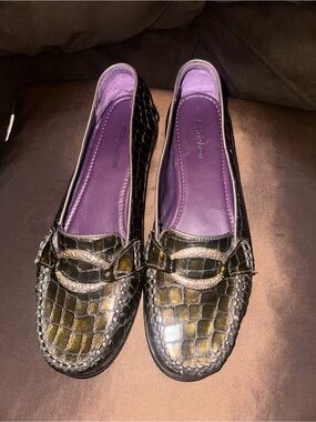 NWOT Brighton Green Leather Medley Loafers Croc Alligator Print